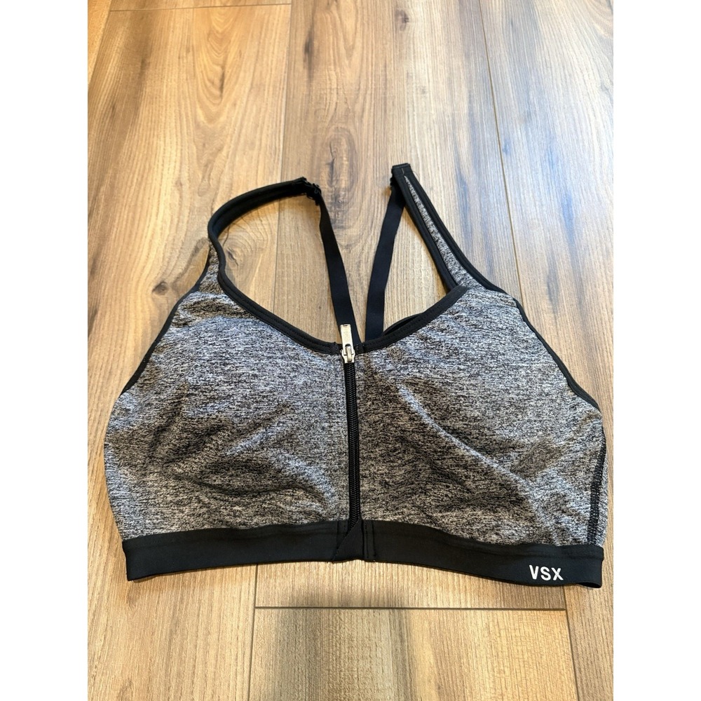VSX Sport Victorias Secret Sports Bra 34C Gray Black Front Closure Padded